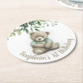 かわいい水色テディベア離れ誕生日任意の年齢 ラウンドペーパーコースター (アングル)