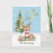 かわいい水色トナカイのクリスマスツリー カード (正面)