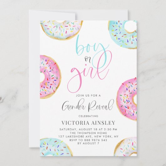 かわいい水色ドーナツ性別が赤ちゃんシャワーを明かす 招待状 (正面)