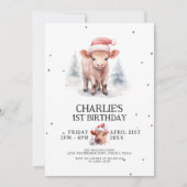 かわいい水色ハイランドカウキッズウィンター誕生日 招待状 (正面)