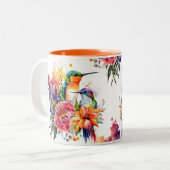 かわいい水色ハミングバードとエキゾチックな花 ツートーンマグカップ (正面左)