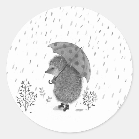 かわいい水色ハリネズミの雨の日お洒落 ラウンドシール (正面)
