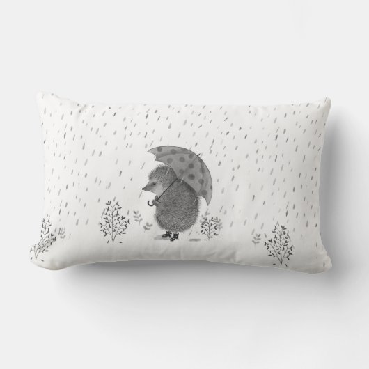 かわいい水色ハリネズミの雨の日お洒落 ランバークッション (正面)