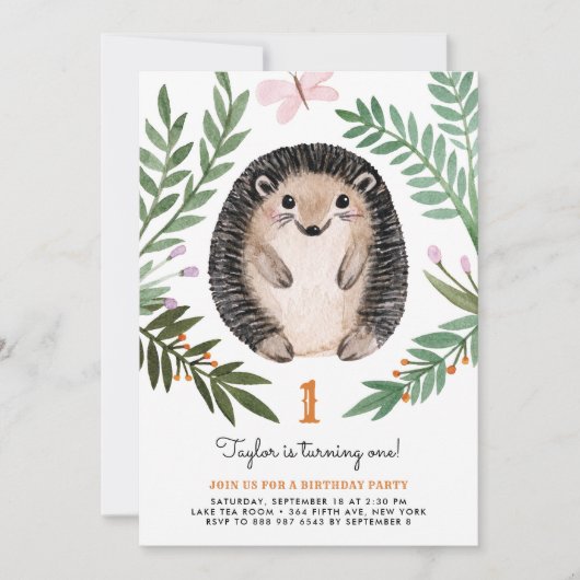 かわいい水色ハリネズミ緑の最初の誕生日 招待状 (正面)