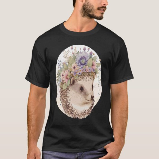 かわいい水色ハリネズミ花冠動物 Tシャツ (正面)