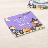 かわいい水色ハロウィーンの衣装キッズ スクエアペーパーコースター (アングル)