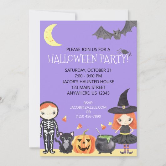 かわいい水色ハロウィーンの衣装キッズ 招待状 (正面)