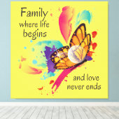 かわいい水色バタフライファミリーライフ引用文 キャンバスプリント (インサイチュ (ウッドフロア))