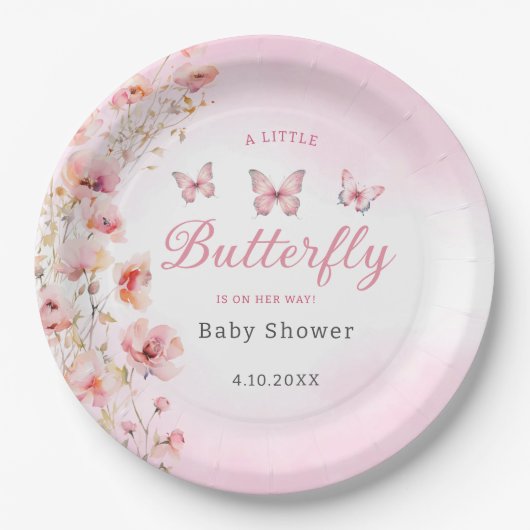 かわいい水色バタフライフローラボホピンクの女の子 ペーパープレート (正面)