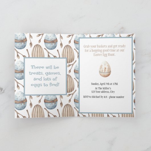 かわいい水色バニーイースターエッグ狩り折り畳みカード 招待状 (内部)