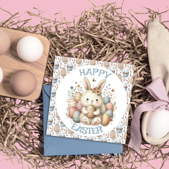 かわいい水色バニーイースターフラットグリーティングカード (Cute watercolor Bunny Easter flat Greeting Card)