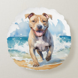 かわいい水色ピットブル走ビーチ ラウンドクッション