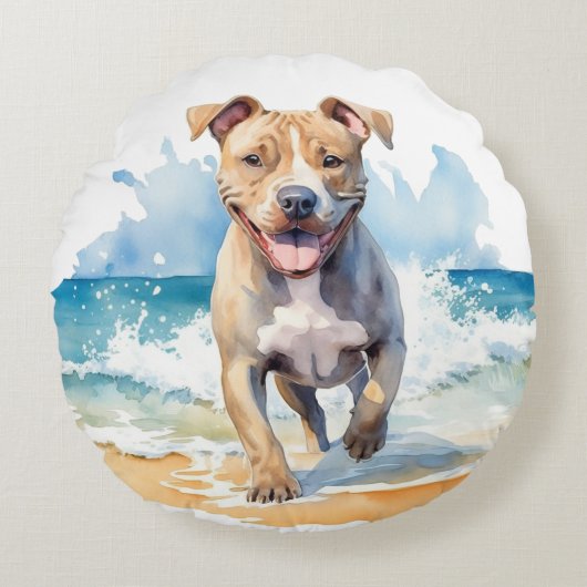 かわいい水色ピットブル走ビーチ ラウンドクッション (正面)