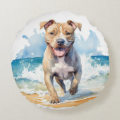 かわいい水色ピットブル走ビーチ ラウンドクッション (裏面)