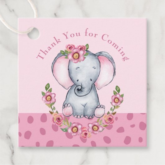 かわいい水色ピンクのフローラゾウ赤ちゃんシャワー フェイバータグ (正面)