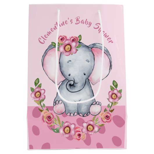 かわいい水色ピンクのフローラゾウ赤ちゃんシャワー ミディアムペーパーバッグ (裏面)