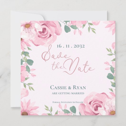 かわいい水色ピンクのフローラ結婚式の日付を保存 (正面)