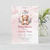 かわいい水色ピンクの女の子テディベアのベビーベッド 招待状 (スタンド正面)