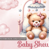 かわいい水色ピンクの女の子テディベアのベビーベッド 招待状