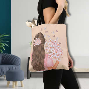 かわいい水色ピンクの花々彼女のためにモノグラーム トートバッグ
