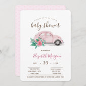 かわいい水色ピンクの車の水玉模様赤ちゃんシャワー 招待状 (正面/裏面)