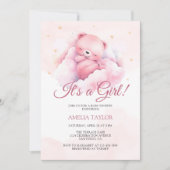 かわいい水色ピンクベアー女の子ベビーシャワー 招待状 (正面)