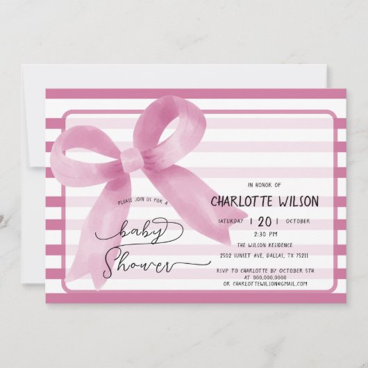 かわいい水色ピンクボウ赤ちゃんシャワー 招待状 (正面)