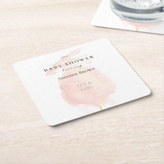 かわいい水色ピンク綿キャンディーベビーシャワー スクエアペーパーコースター (アングル)