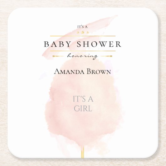 かわいい水色ピンク綿キャンディーベビーシャワー スクエアペーパーコースター (正面)