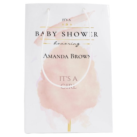 かわいい水色ピンク綿キャンディーベビーシャワー ミディアムペーパーバッグ (正面)