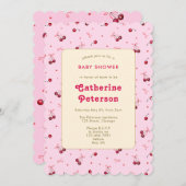 かわいい水色ピンク赤さくらんぼ、ハート、弓 招待状 (正面/裏面)