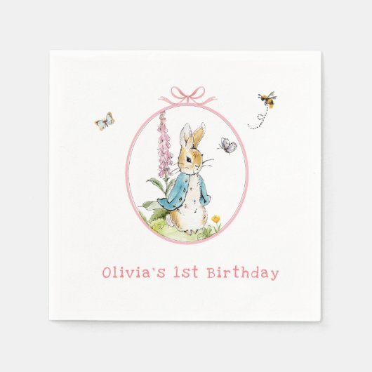 かわいい水色ピーター・ラビット1st誕生日 スタンダードカクテルナプキン (正面)