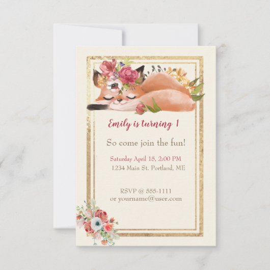 かわいい水色フォックスベビー誕生日パーティー 招待状 (正面)