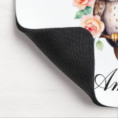 かわいい水色フクロウと葉の多いバラ マウスパッド (コーナー)