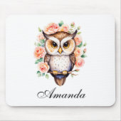 かわいい水色フクロウと葉の多いバラ マウスパッド (正面)