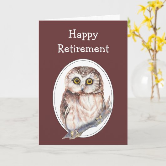 かわいい水色フクロウのリタイアユーモア カード (黄色い花)