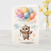 かわいい水色フクロウカラフルバルーン空白のカード カード (黄色い花)