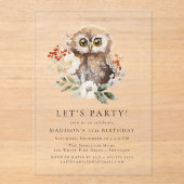 かわいい水色フクロウ冬の誕生日パーティー アクリル招待状 (正面)