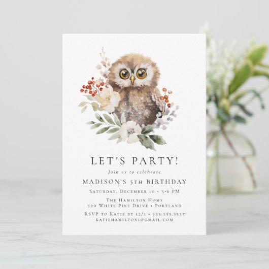 かわいい水色フクロウ冬の誕生日パーティー 招待状 (スタンド正面)