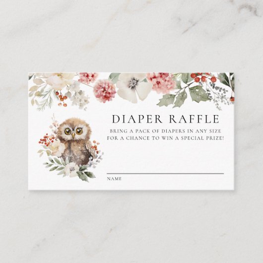 かわいい水色フクロウ赤ちゃんシャワーおむつラッフル エンクロージャーカード (正面)