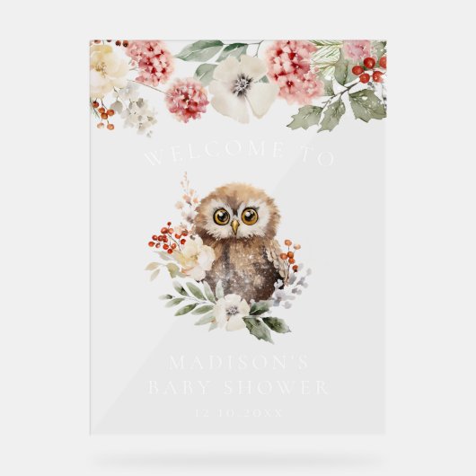 かわいい水色フクロウ赤ちゃんシャワーへようこそ アクリルサイン (正面)