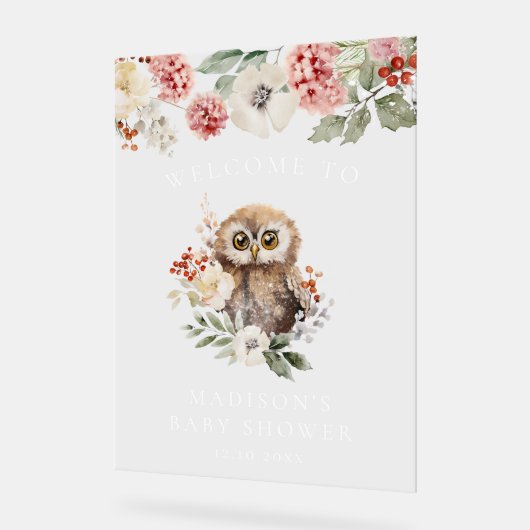 かわいい水色フクロウ赤ちゃんシャワーへようこそ アクリルサイン (傾斜)
