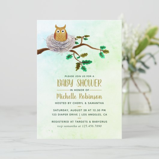 かわいい水色フクロウ赤ちゃんシャワーパーティの招待状 招待状 (スタンド正面)