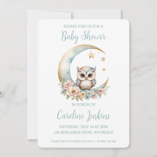 かわいい水色フクロウ赤ちゃんシャワー招待状 招待状 (正面)