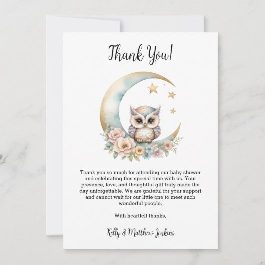 かわいい水色フクロウ赤ちゃんシャワー サンキューカード (正面)