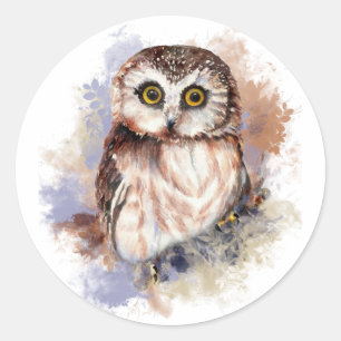 かわいい水色フクロウ鳥の自然アート ラウンドシール