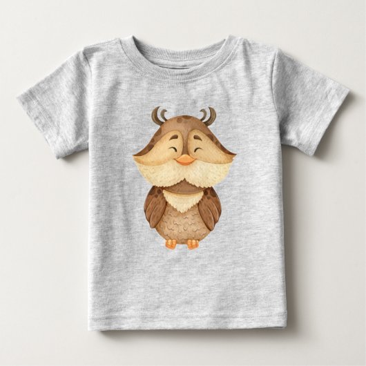 かわいい水色フクロウ鳥野生動物自然アートベビー ベビーTシャツ (正面)