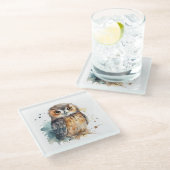 かわいい水色フクロウ ガラスコースター (アングル)