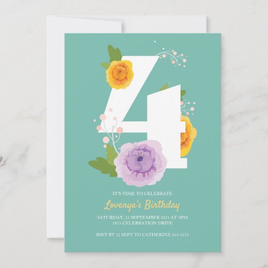 かわいい水色フローラキッズ4th誕生日パーティー セーブザデート (正面)