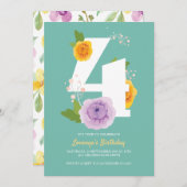 かわいい水色フローラキッズ4th誕生日パーティー セーブザデート (正面/裏面)